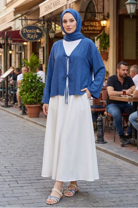 Kadın İndigo Ön Bağlamalı Yeni Sezon Tren Çilek Kumaş İnce Tesettür Kimono Tunik
