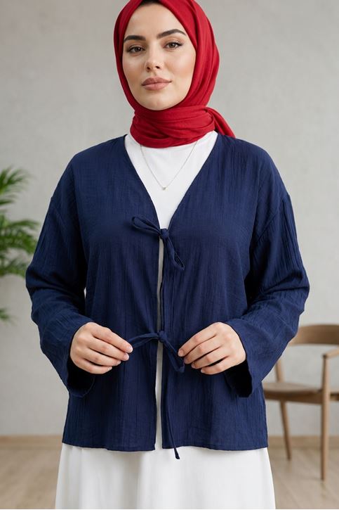 Kadın Lacivert Ön Bağlamalı Yeni Sezon Tren Çilek Kumaş İnce Tesettür Kimono Tunik