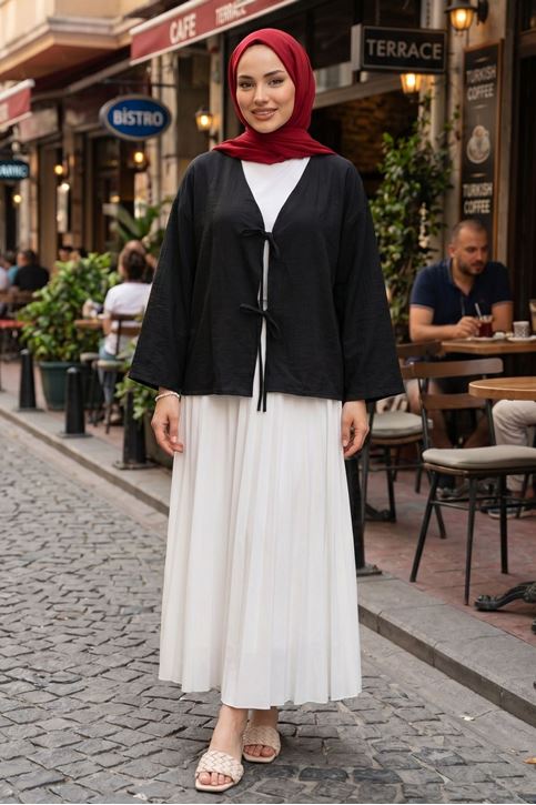Kadın Siyah Ön Bağlamalı Yeni Sezon Tren Çilek Kumaş İnce Tesettür Kimono Tunik