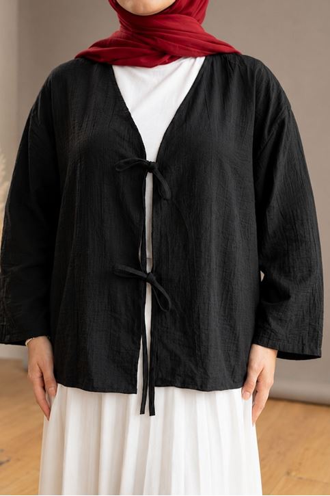 Kadın Siyah Ön Bağlamalı Yeni Sezon Tren Çilek Kumaş İnce Tesettür Kimono Tunik
