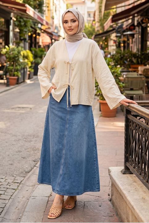 Kadın Ekru Ön Bağlamalı Yeni Sezon Tren Çilek Kumaş İnce Tesettür Kimono Tunik