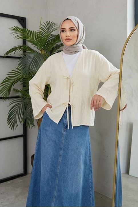 Kadın Ekru Ön Bağlamalı Yeni Sezon Tren Çilek Kumaş İnce Tesettür Kimono Tunik