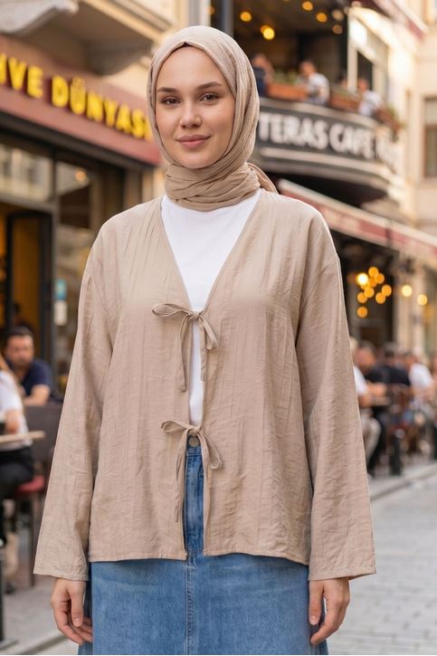 Kadın Vizon Ön Bağlamalı Yeni Sezon Tren Çilek Kumaş İnce Tesettür Kimono Tunik