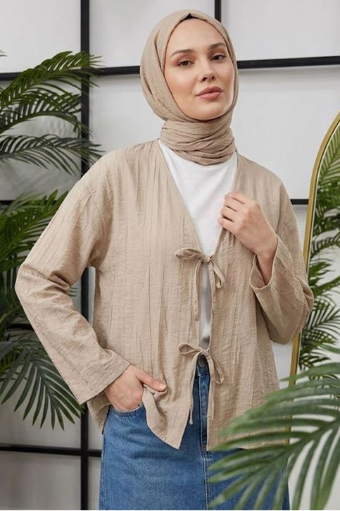 Kadın Vizon Ön Bağlamalı Yeni Sezon Tren Çilek Kumaş İnce Tesettür Kimono Tunik