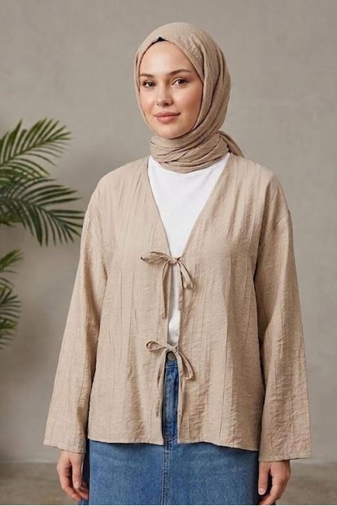 Kadın Vizon Ön Bağlamalı Yeni Sezon Tren Çilek Kumaş İnce Tesettür Kimono Tunik