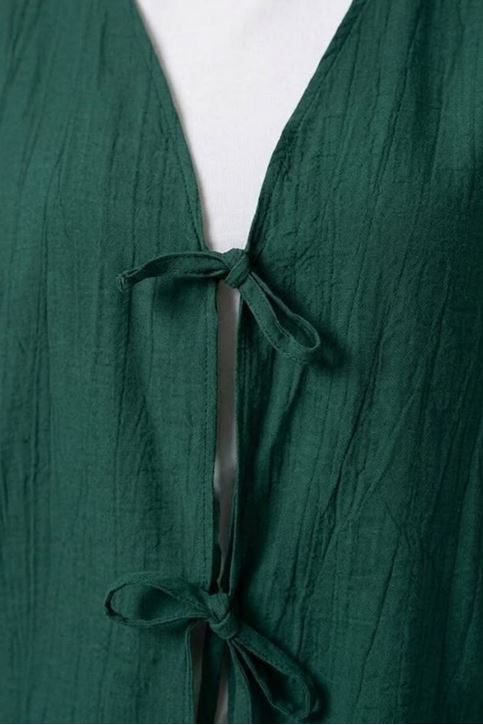 Kadın Zümrüt Yeşili Ön Bağlamalı Yeni Sezon Tren Çilek Kumaş İnce Tesettür Kimono Tunik 