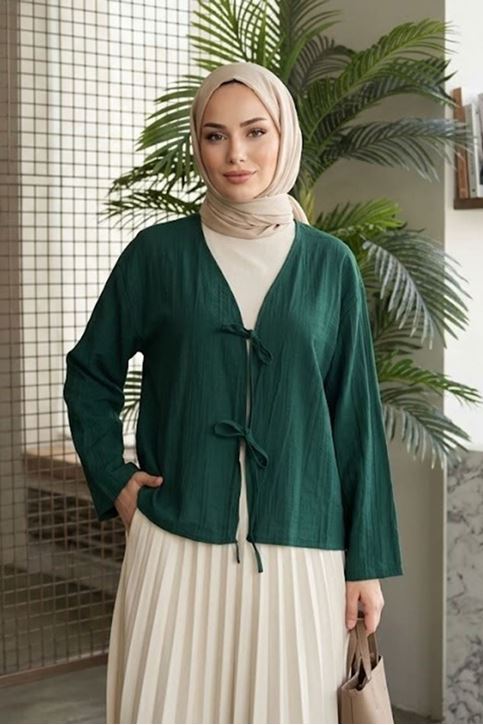 Kadın Zümrüt Yeşili Ön Bağlamalı Yeni Sezon Tren Çilek Kumaş İnce Tesettür Kimono Tunik 