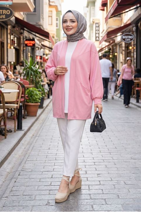 Kadın Cepli Oversize Tesettür Kimono Hırka – Mevsimlik Rahat Kesim Uzun Ceket Pembe