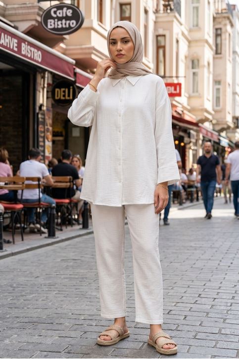 Kadın Ekru Duble Geniş Kol Müslin Kumaş Yazlık Trend Tesettür Gömlek