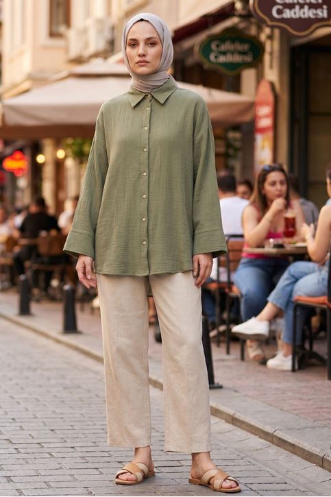 Kadın Haki Duble Geniş Kol Müslin Kumaş Yazlık Trend Tesettür Gömlek
