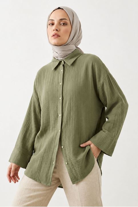 Kadın Haki Duble Geniş Kol Müslin Kumaş Yazlık Trend Tesettür Gömlek
