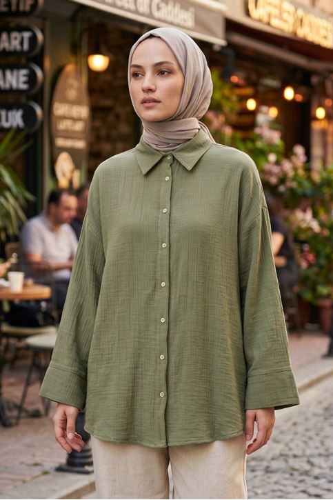 Kadın Haki Duble Geniş Kol Müslin Kumaş Yazlık Trend Tesettür Gömlek
