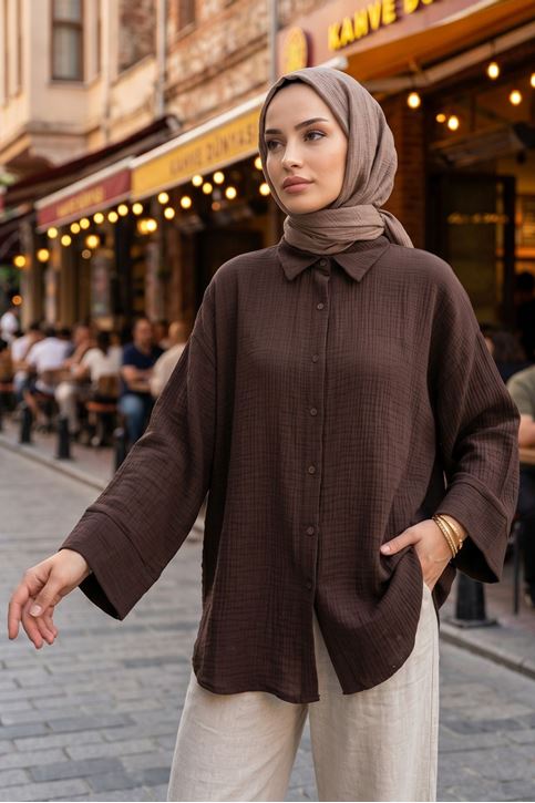 Kadın Kahve Duble Geniş Kol Müslin Kumaş Yazlık Trend Tesettür Gömlek