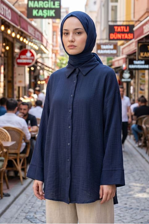 Kadın Lacivert Duble Geniş Kol Müslin Kumaş Yazlık Trend Tesettür Gömlek