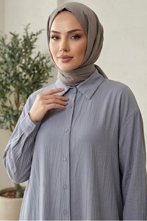 Kadın Gömlek Yaka Boydan Düğmeli Yazlık Çilek Kumaş 110 Cm Gri Tesettür Uzun Tunik