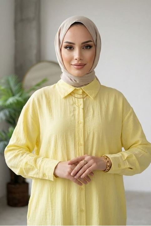 Kadın Gömlek Yaka Boydan Düğmeli Yazlık Çilek Kumaş 110 Cm Sarı Tesettür Uzun Tunik