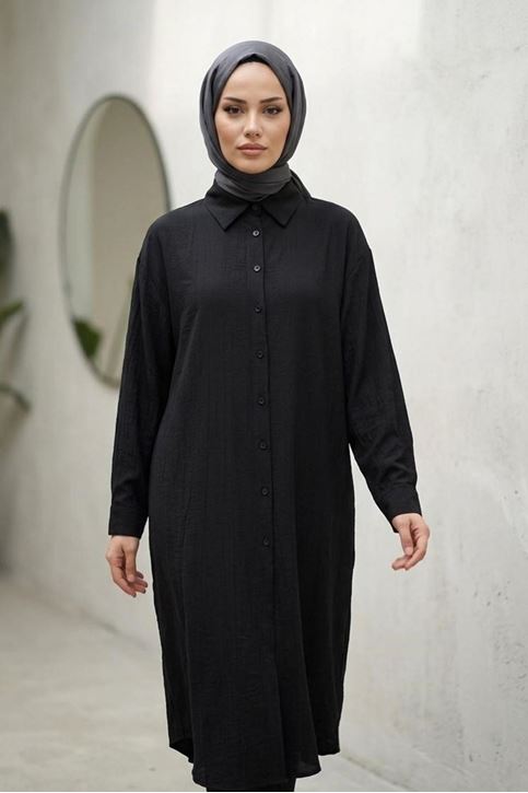 Kadın Gömlek Yaka Boydan Düğmeli Yazlık Çilek Kumaş 110 Cm Siyah Tesettür Uzun Tunik