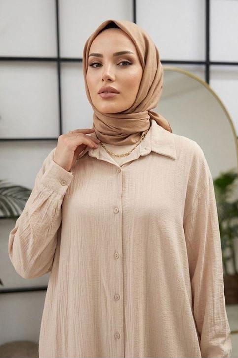 Kadın Gömlek Yaka Boydan Düğmeli Yazlık Çilek Kumaş 110 Cm Taş Tesettür Uzun Tunik