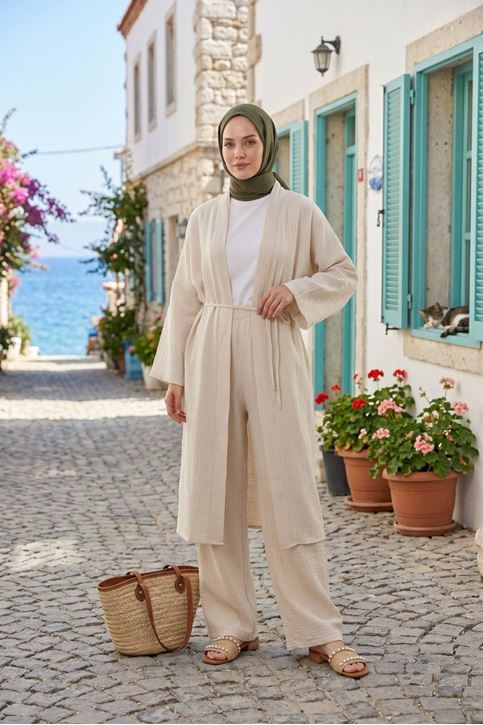Kadın Bej Belden bağlamalı Yazlık Şık Trend Uzun Kimono Hırka Pantolonlu Tesettür Takım