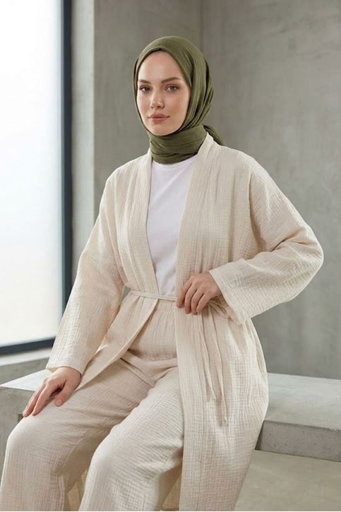Kadın Bej Belden bağlamalı Yazlık Şık Trend Uzun Kimono Hırka Pantolonlu Tesettür Takım