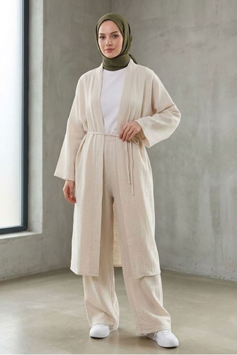 Kadın Bej Belden bağlamalı Yazlık Şık Trend Uzun Kimono Hırka Pantolonlu Tesettür Takım