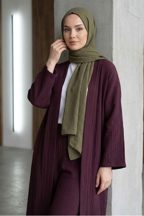 Kadın Bordo Belden bağlamalı Yazlık Şık Trend Uzun Kimono Hırka Pantolonlu Tesettür Takım