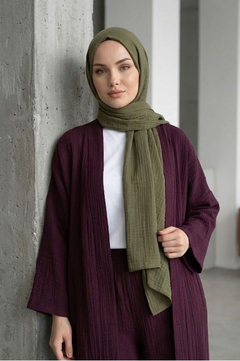 Kadın Bordo Belden bağlamalı Yazlık Şık Trend Uzun Kimono Hırka Pantolonlu Tesettür Takım