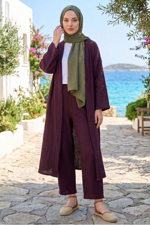 Kadın Bordo Belden bağlamalı Yazlık Şık Trend Uzun Kimono Hırka Pantolonlu Tesettür Takım