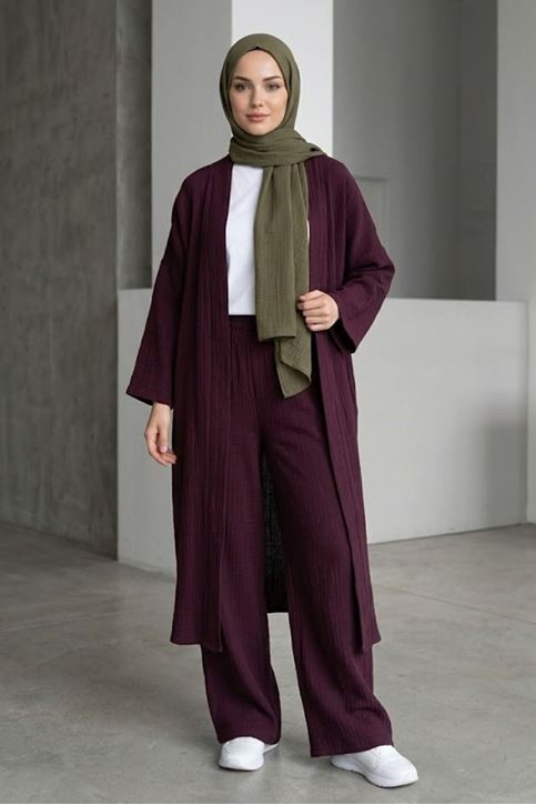 Kadın Bordo Belden bağlamalı Yazlık Şık Trend Uzun Kimono Hırka Pantolonlu Tesettür Takım