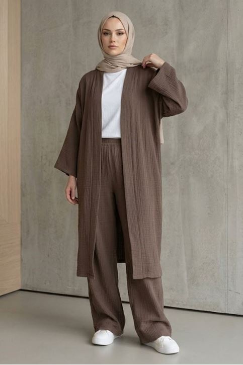 Kadın Duman Belden bağlamalı Yazlık Şık Trend Uzun Kimono Hırka Pantolonlu Tesettür Takım