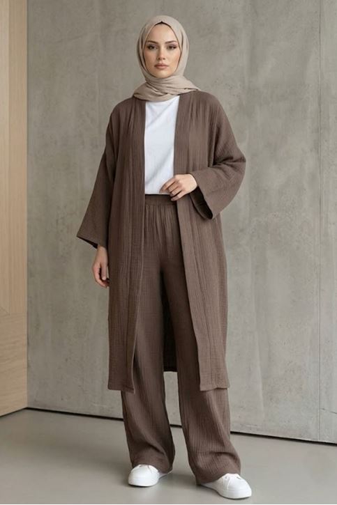 Kadın Duman Belden bağlamalı Yazlık Şık Trend Uzun Kimono Hırka Pantolonlu Tesettür Takım
