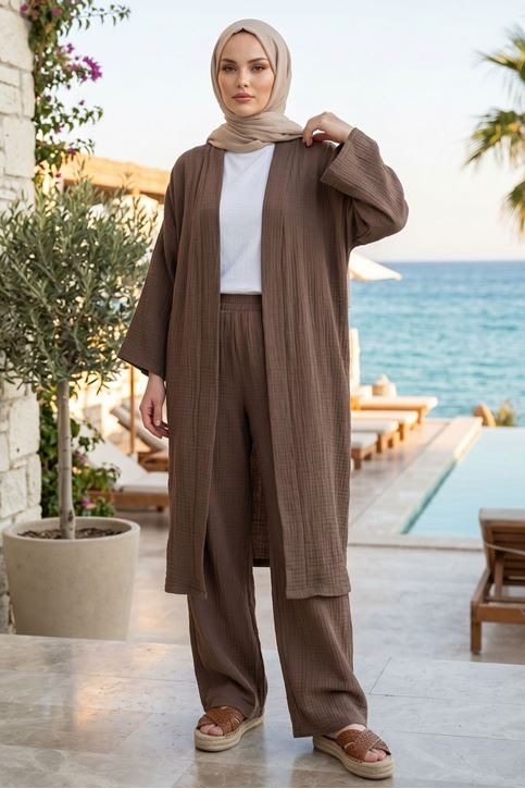 Kadın Duman Belden bağlamalı Yazlık Şık Trend Uzun Kimono Hırka Pantolonlu Tesettür Takım