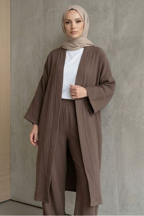 Kadın Duman Belden bağlamalı Yazlık Şık Trend Uzun Kimono Hırka Pantolonlu Tesettür Takım