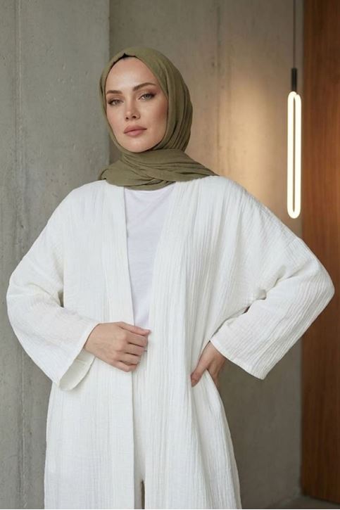 Kadın Ekru Belden bağlamalı Yazlık Şık Trend Uzun Kimono Hırka Pantolonlu Tesettür Takım