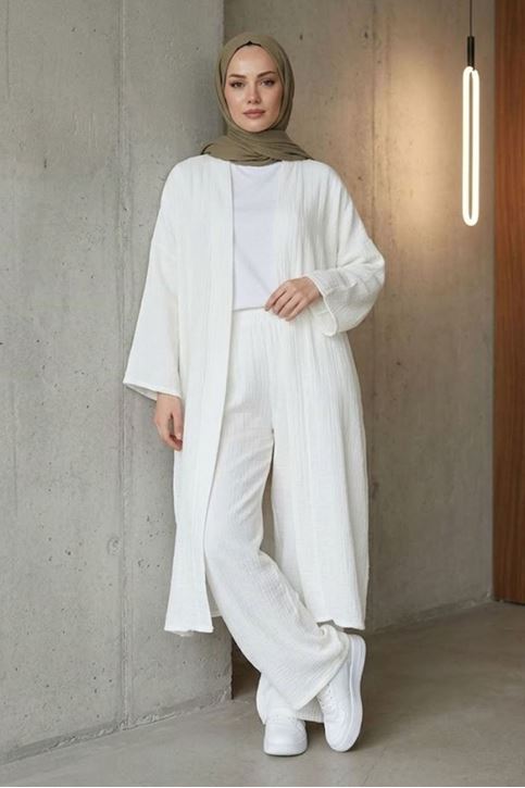 Kadın Ekru Belden bağlamalı Yazlık Şık Trend Uzun Kimono Hırka Pantolonlu Tesettür Takım