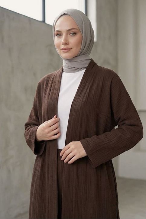 Kadın Kahve Belden bağlamalı Yazlık Şık Trend Uzun Kimono Hırka Pantolonlu Tesettür Takım