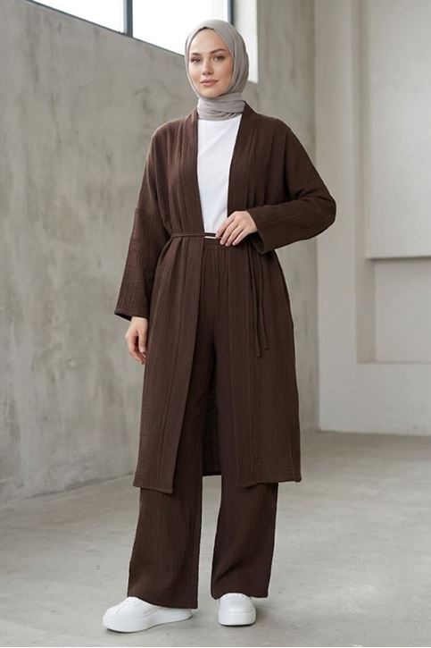 Kadın Kahve Belden bağlamalı Yazlık Şık Trend Uzun Kimono Hırka Pantolonlu Tesettür Takım