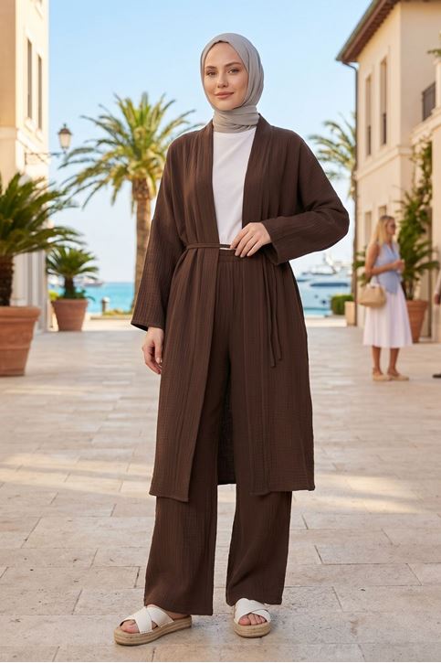 Kadın Kahve Belden bağlamalı Yazlık Şık Trend Uzun Kimono Hırka Pantolonlu Tesettür Takım