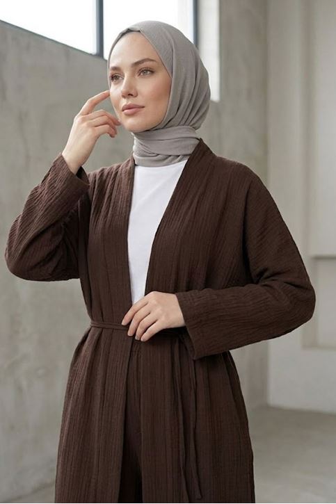 Kadın Kahve Belden bağlamalı Yazlık Şık Trend Uzun Kimono Hırka Pantolonlu Tesettür Takım