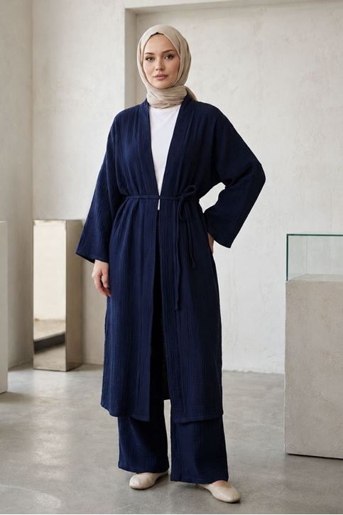 Kadın Lacivert Belden bağlamalı Yazlık Şık Trend Uzun Kimono Hırka Pantolonlu Tesettür Takım