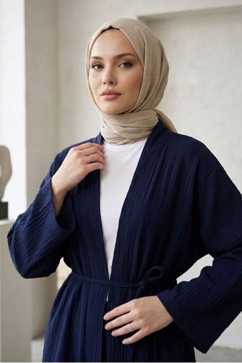 Kadın Lacivert Belden bağlamalı Yazlık Şık Trend Uzun Kimono Hırka Pantolonlu Tesettür Takım