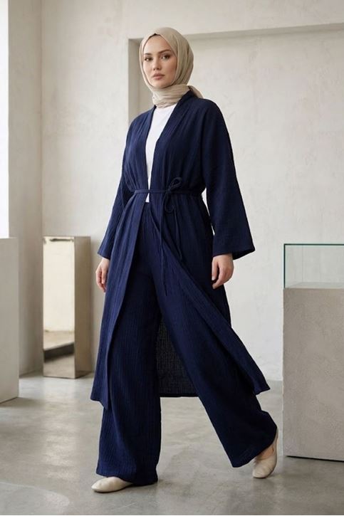 Kadın Lacivert Belden bağlamalı Yazlık Şık Trend Uzun Kimono Hırka Pantolonlu Tesettür Takım