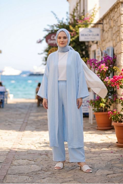 Kadın Mavi Belden bağlamalı Yazlık Şık Trend Uzun Kimono Hırka Pantolonlu Tesettür Takım