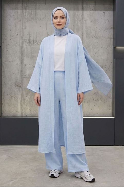 Kadın Mavi Belden bağlamalı Yazlık Şık Trend Uzun Kimono Hırka Pantolonlu Tesettür Takım