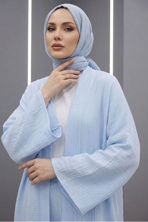 Kadın Mavi Belden bağlamalı Yazlık Şık Trend Uzun Kimono Hırka Pantolonlu Tesettür Takım