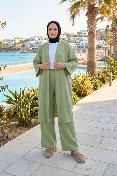 Kadın Mint Yeşil Belden bağlamalı Yazlık Şık Trend Uzun Kimono Hırka Pantolonlu Tesettür Takım