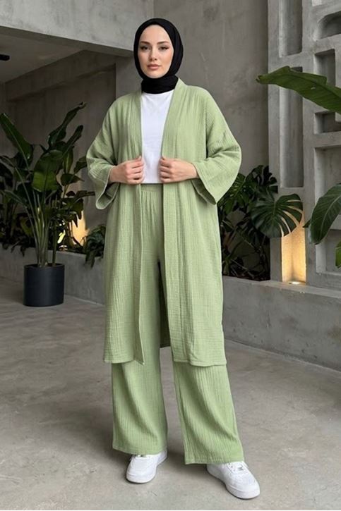 Kadın Mint Yeşil Belden bağlamalı Yazlık Şık Trend Uzun Kimono Hırka Pantolonlu Tesettür Takım