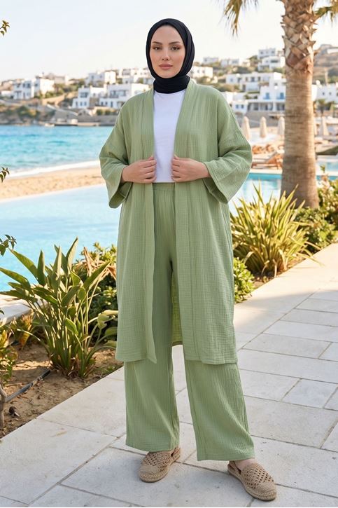 Kadın Mint Yeşil Belden bağlamalı Yazlık Şık Trend Uzun Kimono Hırka Pantolonlu Tesettür Takım