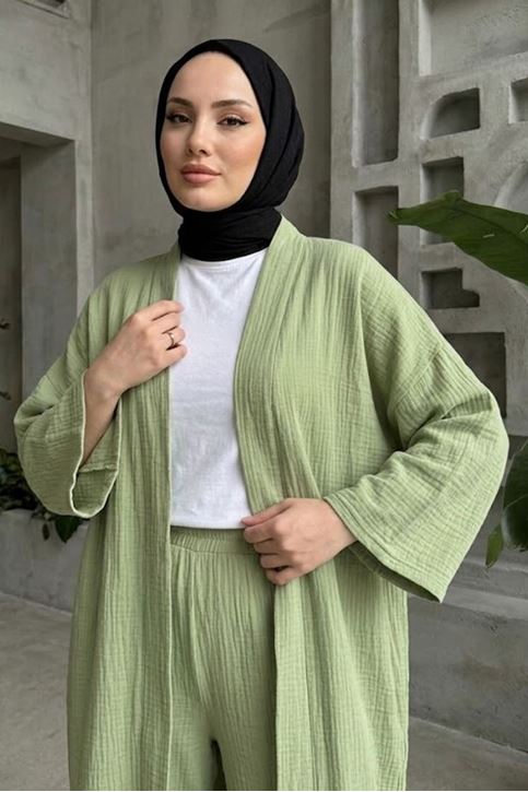 Kadın Mint Yeşil Belden bağlamalı Yazlık Şık Trend Uzun Kimono Hırka Pantolonlu Tesettür Takım