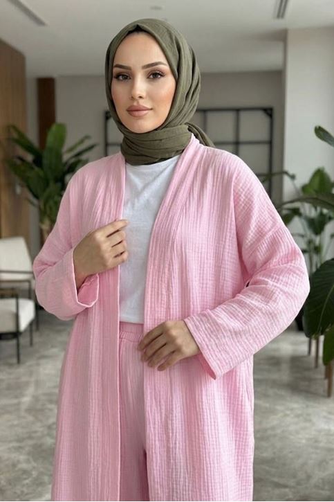 Kadın Pembe Belden bağlamalı Yazlık Şık Trend Uzun Kimono Hırka Pantolonlu Tesettür Takım
